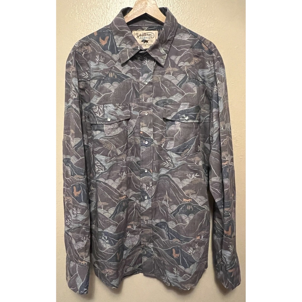 Western Aloha Mens Kohala Print Gray Pearl Snap Rodeo Cowboy Rockabilly Shirt XL